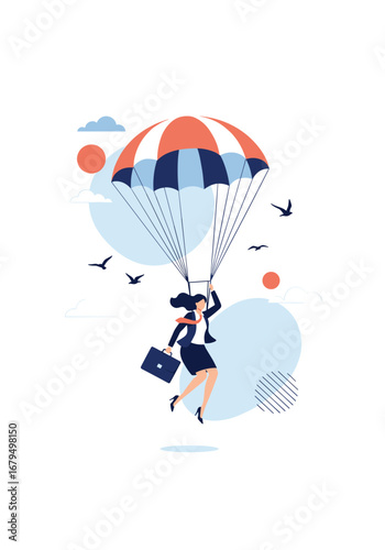 Woman gracefully descending from sky attached to parachute holding briefcase ready for business opportunities ahead