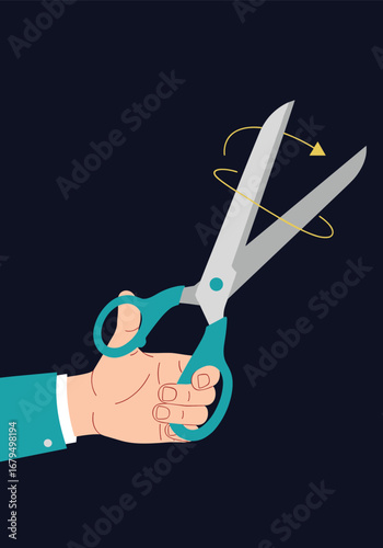 Hand holding open scissors ready to cut with circular motion arrows showing movement