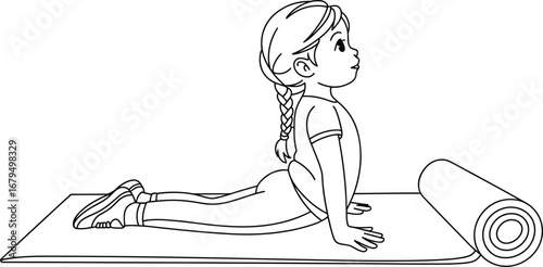 Young girl practicing cobra pose yoga on a mat with a rolled up mat nearby