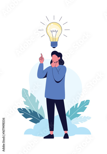 Bright idea concept person holding finger up with light bulb above head symbolizing innovation and creativity