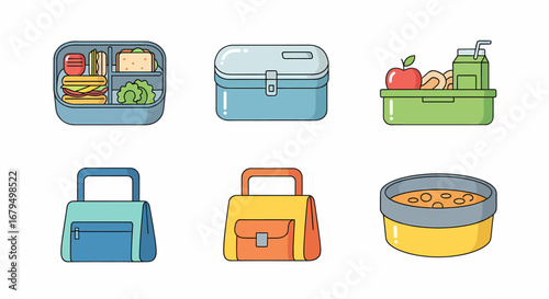 A set of six colorful flat design icons depicting various lunch boxes, bags, and containers with food.