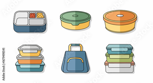 A set of colorful flat design icons featuring various reusable food containers, bento boxes, and a lunch bag for packing meals.
