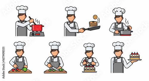 A set of illustrations showing a chef in uniform cooking, chopping vegetables, flipping pancakes, and decorating a cake.