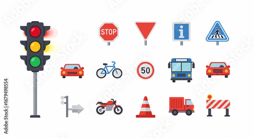 A collection of colorful vector illustrations depicting various traffic signals, road signs, and vehicles, including cars, a bus, a motorcycle, and a bicycle...