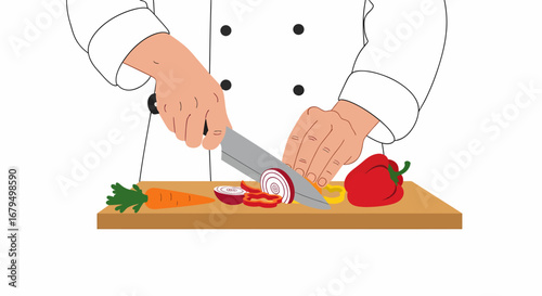 A chef's hands, wearing a white uniform, expertly slice fresh red onion and other colorful vegetables on a wooden cutting board.