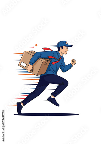 Fast delivery person running with package and speed lines illustrating rapid service