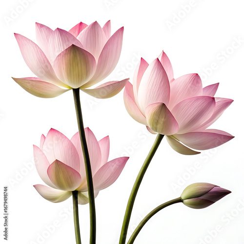 Three delicate pink lotus flowers blooming and budding isolated white background