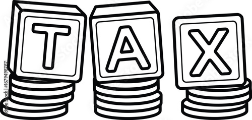 Stacked blocks spell out tax with coins below representing financial burden
