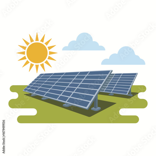 Solar panels on a green field