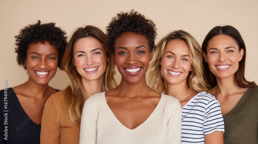 Fototapeta premium Five women of different ethnicities smiling together in a studio. The mood is joyful and friendly, showcasing diversity and unity.