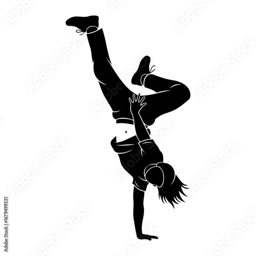 Silhouette illustration of a breakdancer performing a one handed handstand pose
