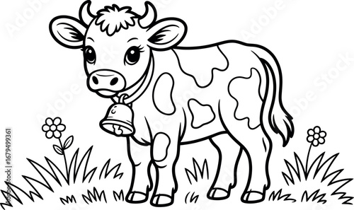 Cute cartoon cow illustration in black and white simple design