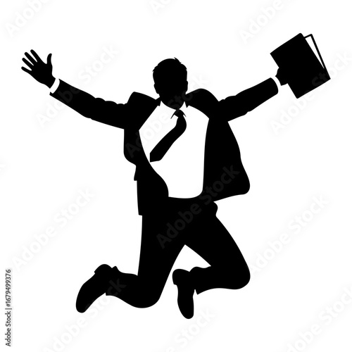 Silhouette of a businessman jumping with arms raised and holding a briefcase