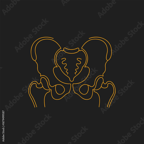 Abstract illustration of a human pelvis in orange lines against a black background, suitable for educational and medical use