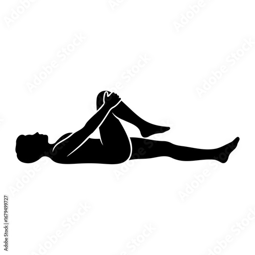 Silhouette of person lying on back pulling knee to chest for stretching pose