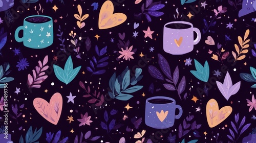 Cute coffee cups and flowers on a dark background