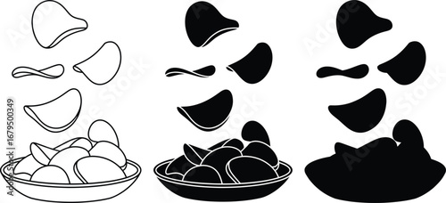 Three different styles of potato chips in bowls line art silhouette and filled