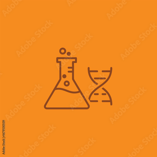 Laboratory equipment featuring a flask and DNA helix on a vibrant orange background, symbolizing scientific research and discovery