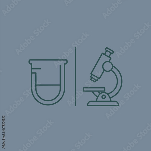 Laboratory equipment featuring a beaker and microscope on a blue background, ideal for educational and scientific use