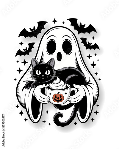 This sweet and spooky illustration shows a friendly sheet ghost cuddling a black cat while holding a warm mug of pumpkin spice goodness.
