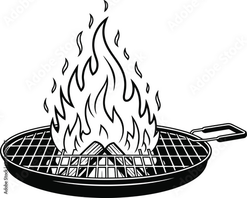 Black and white sketch of a barbecue grill with flames