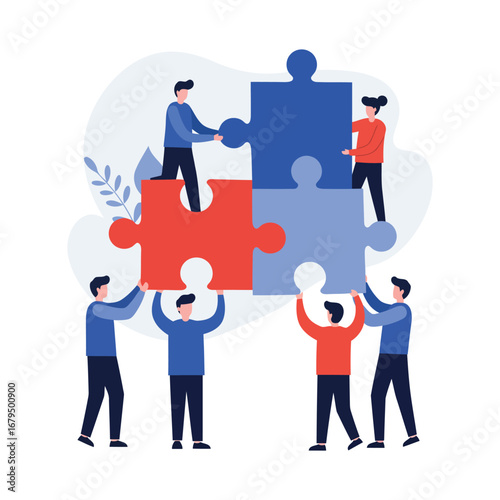 A team of business people collaborating to assemble a giant four-piece jigsaw puzzle, symbolizing teamwork, strategy, and problem-solving.