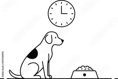 Dog waiting for food by clock
