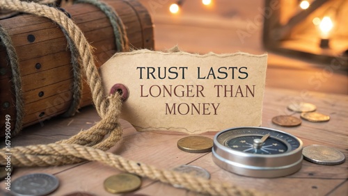 Trust Lasts Longer Than Money Motivational Quote with Coins and Compass