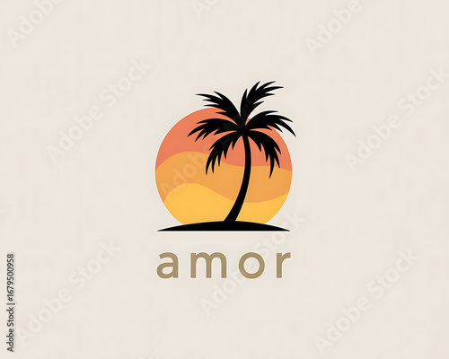 Palm Tree Silhouette Against Sunset Logo beach tropical