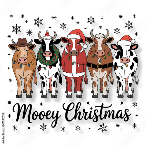 Mooey christmas with funny cow design on transparent background.