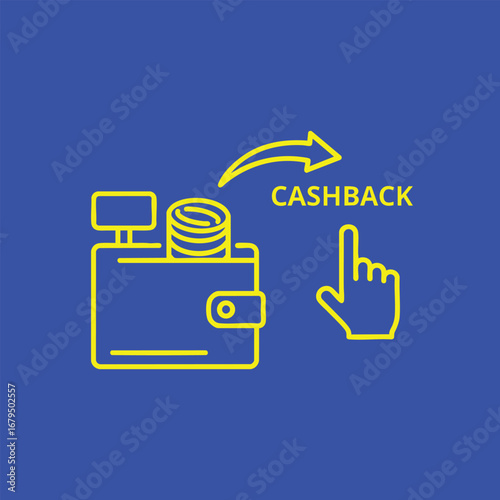 Illustration of a wallet with coins and a cashback symbol, highlighting financial savings and rewards on a blue background