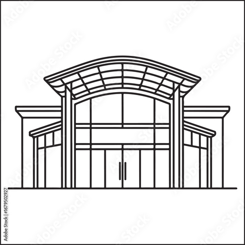 Architectural Line Drawing of a Modern Building Entrance with Curved Roof architecture facade