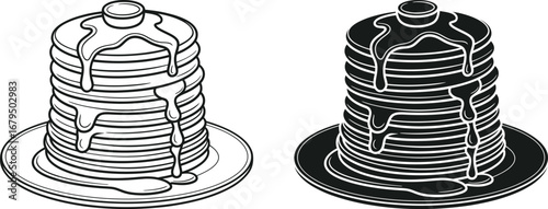 Stack of delicious pancakes with syrup in black and white line art