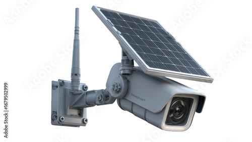Wireless outdoor security camera with solar panel.  Mounted on a light gray bracket, a security camera features a solar panel on top.  A small antenna is also visible