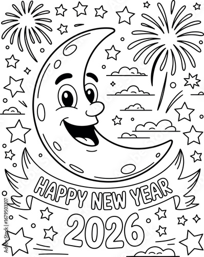 Happy New Year 2026 coloring page with moon stars fireworks