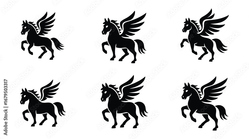 Obraz premium Vector art of majestic pegasus with wings spread, a symbol of mythical power, grace, and beauty in flight