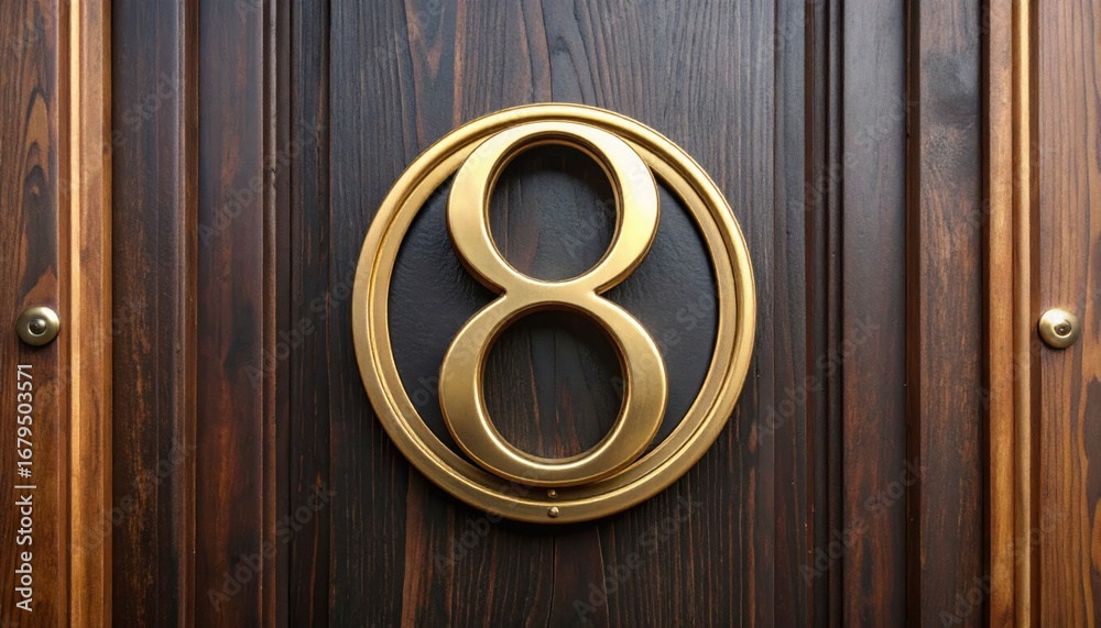 Fototapeta premium Golden number 8 on dark wooden door with entrance, and closeup.