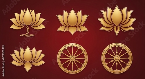 Golden Lotus and Dharma Wheel Buddhist Symbols.