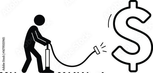 Man pumping up dollar sign financial growth concept