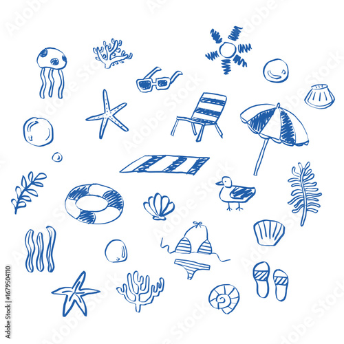 Hand drawn beach vacation elements vector illustration set