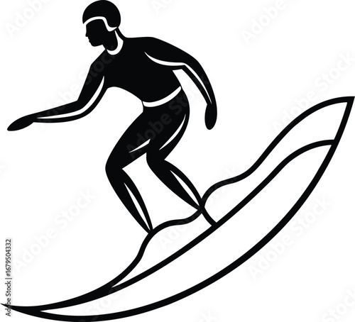 Stylized surfer riding a wave in black and white