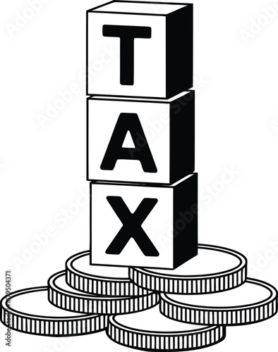 Stacked blocks spelling tax on pile of coins illustration