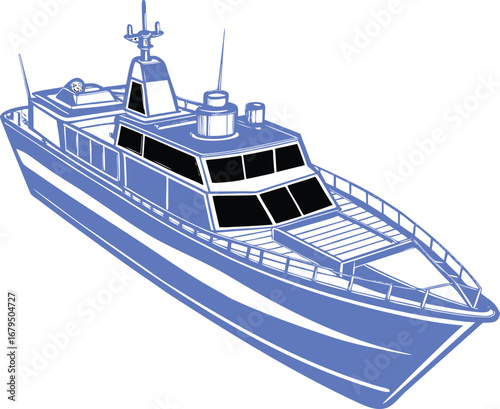  A detailed illustration of a modern patrol boat, featuring a multi-level superstructure, radar, and a sturdy hull
