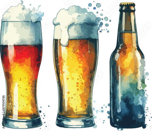 Artistic Watercolor Depiction of Two Full Beer Glasses and One Beer Bottle Ready for Refreshment and Celebration