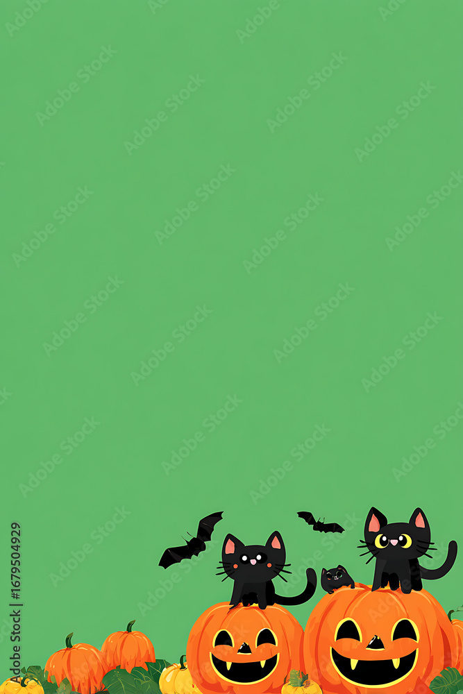 Fototapeta premium Two playful black cats sitting atop carved pumpkins with a green background, Halloween theme