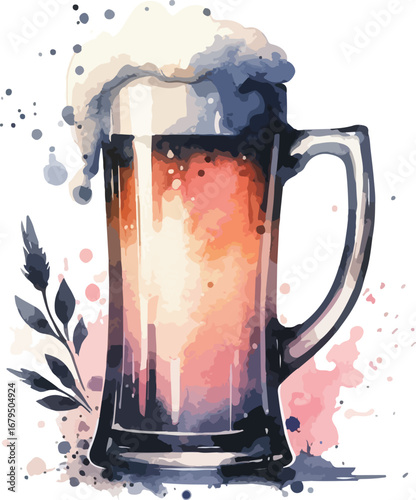 Artistic Watercolor Illustration of a Frothy Beer Mug with Floral Accent on a White Background Creating a Refreshing Beverage Concept