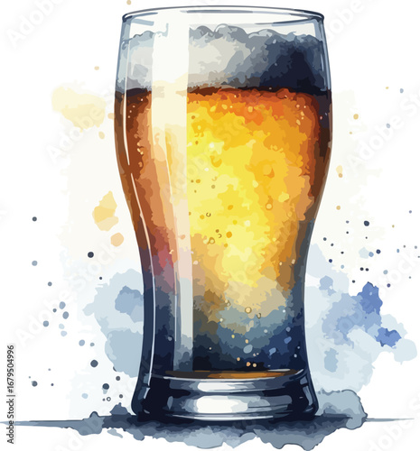 Artistic watercolor illustration of a tall pilsner glass filled with refreshing golden beer and white foamy head on a clean white background