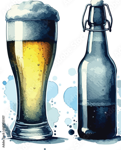 Artistic Watercolor Illustration of Refreshing Beer Glasses and Bottle for Bar and Restaurant Concepts and Creative Alcohol Themed Designs