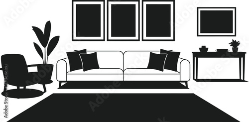Modern living room interior design silhouette with sofa armchair and artwork