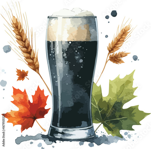 Autumnal Stout Beer Illustration with Wheat and Maple Leaves for Seasonal Festivities and Celebrations